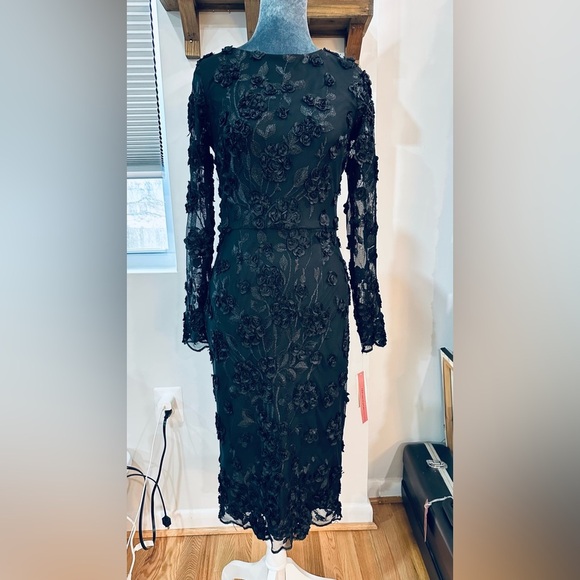 NWT AQUA Floral Embroidered Cocktail Party Dress Midi Long Sleeve Black - Picture 5 of 15